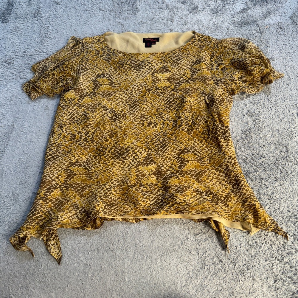 Cynthia Howie Women 100 Silk Snakeskin Blouse 16W Yellow Brown Animal Print